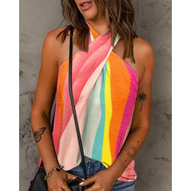 Colorblock Crisscross Halter Tank Top