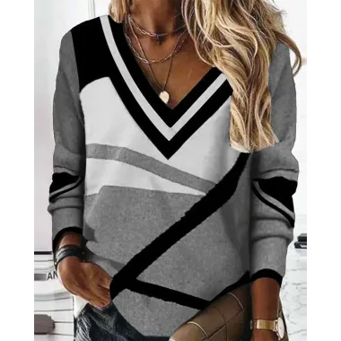 Colorblock Geometric Print Long Sleeve Sweatshirt