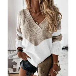 Colorblock Long Sleeve V Neck Knit Sweater