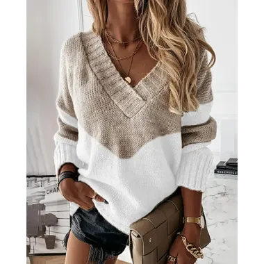 Colorblock Long Sleeve V Neck Knit Sweater