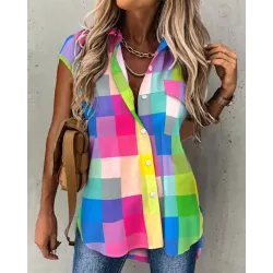 Colorblock Plaid Print Button Down Shirt