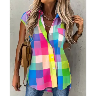 Colorblock Plaid Print Button Down Shirt