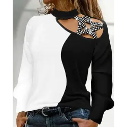 Colorblock Rhinestone Decor Cold Shoulder Top