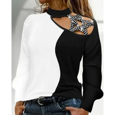 Colorblock Rhinestone Decor Cold Shoulder Top