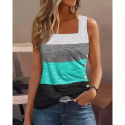 Colorblock Striped Ruched Buttoned Tank Top