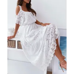 Contrast Lace Cold Shoulder Maxi Dress