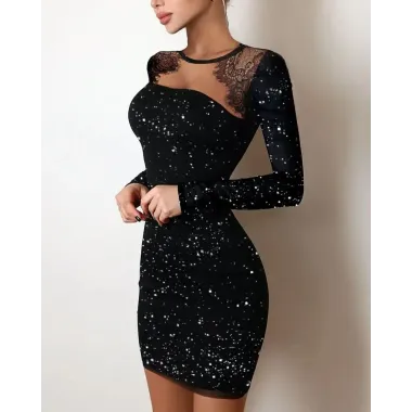 Contrast Lace Cutout Glitter Bodycon Dress