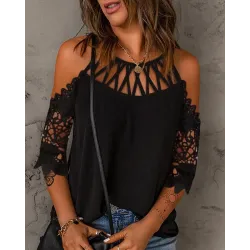 Contrast Lace Hollow Out Cold Shoulder Top