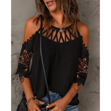 Contrast Lace Hollow Out Cold Shoulder Top