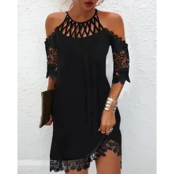 Contrast Lace Hollow-out Cold Shoulder Casual Dress