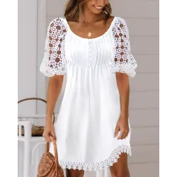 Contrast Lace Puff Sleeve Casual Dress