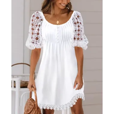 Contrast Lace Puff Sleeve Casual Dress