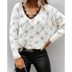 Contrast Lace V-Neck Hollow-out Sweater