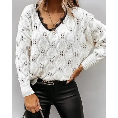 Contrast Lace V-Neck Hollow-out Sweater