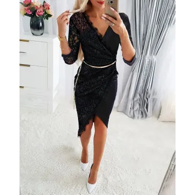 Contrast Lace Wrap Party Dress