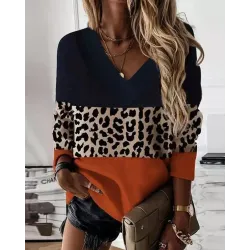 Contrast Leopard Colorblock Long Sleeve Top