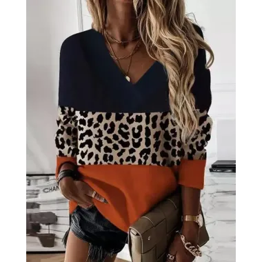 Contrast Leopard Colorblock Long Sleeve Top