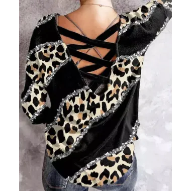 Contrast Leopard Print Crisscross Back Top