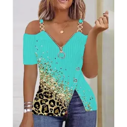 Contrast Leopard Print Zipper Detail Cold Shoulder Top