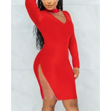 Contrast Mesh Long Sleeve Bodycon Dress