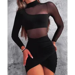 Contrast Mesh Long Sleeve Ruched Bodycon Dress