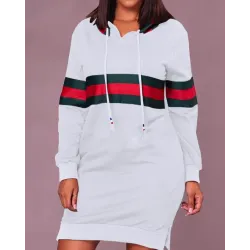 Contrast Wide Stripes Slit Hooded Sweatshirt Dress