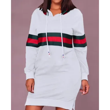 Contrast Wide Stripes Slit Hooded Sweatshirt Dress