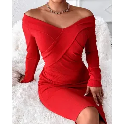 Criss Cross V-Neck Long Sleeve Bodycon Dress