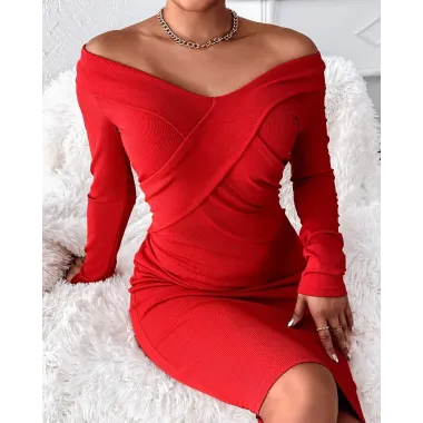 Criss Cross V-Neck Long Sleeve Bodycon Dress