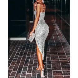 Crisscross Backless High Slit Sequins Dress