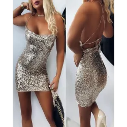 Crisscross Backless U Neck Sequin Dress