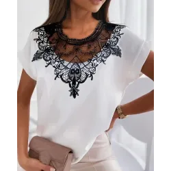 Crochet Lace Patch Casual T-shirt