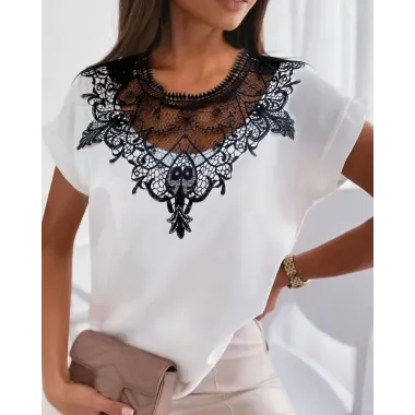 Crochet Lace Patch Casual T-shirt