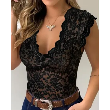 Crochet Lace V Neck Bodysuit