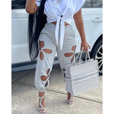 Cutout Design Drawstring Cuffed Pants