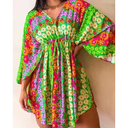 Daisy Print Batwing Sleeve Dress