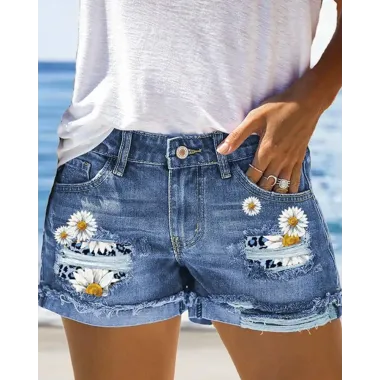 Daisy Print Patchwork Ripped Denim Shorts