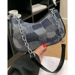 Denim Look Print Canvas Baguette Bag