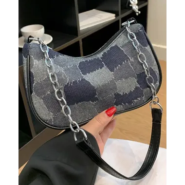 Denim Look Print Canvas Baguette Bag