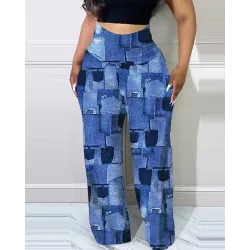 Denim Look Print High Waist Pants