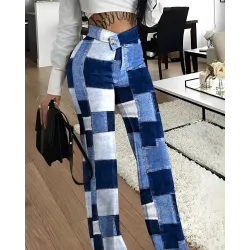 Denim Look Print Overlap Waist Work Pants