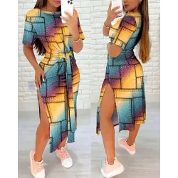 Denim Look Print Rainbow Ombre Slit Casual Dress