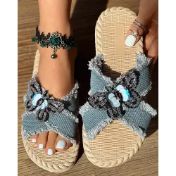 Denim Sequin Butterfly Cross Strap Raw Hem Beach Slippers