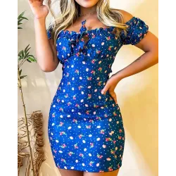 Ditsy Floral Print Off Shoulder Tied Detail Bodycon Dress