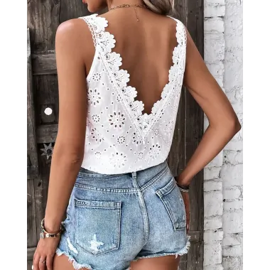 Eyelet Embroidery Backless Guipure Lace Tank Top