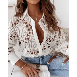 Eyelet Embroidery Long Sleeve Button Down Shirt