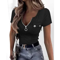 Eyelet Embroidery Zipper Front Casual T-shirt