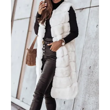 Faux Fur Open Front Fuzzy Longline Vest Coat