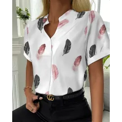 Feather Print Short Sleeve Casual Top