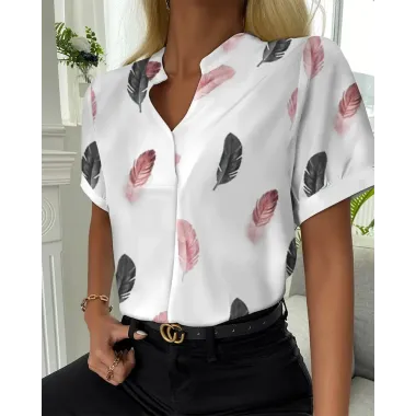 Feather Print Short Sleeve Casual Top